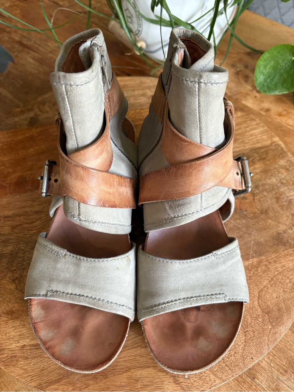 Miz Mooz Two-Tone Leather & Suede Ankle Strap Sandals - Taupe & Cognac
